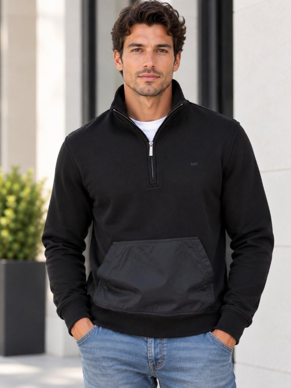 Michael Kors Men's Black Quarter Zip Fleece Pullover Sweatshirt Size M